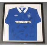 A BLUE RANGERS REPLICA SHORT-SLEEVED SHIRT the front bearing numerous player autographs, 2010-11,