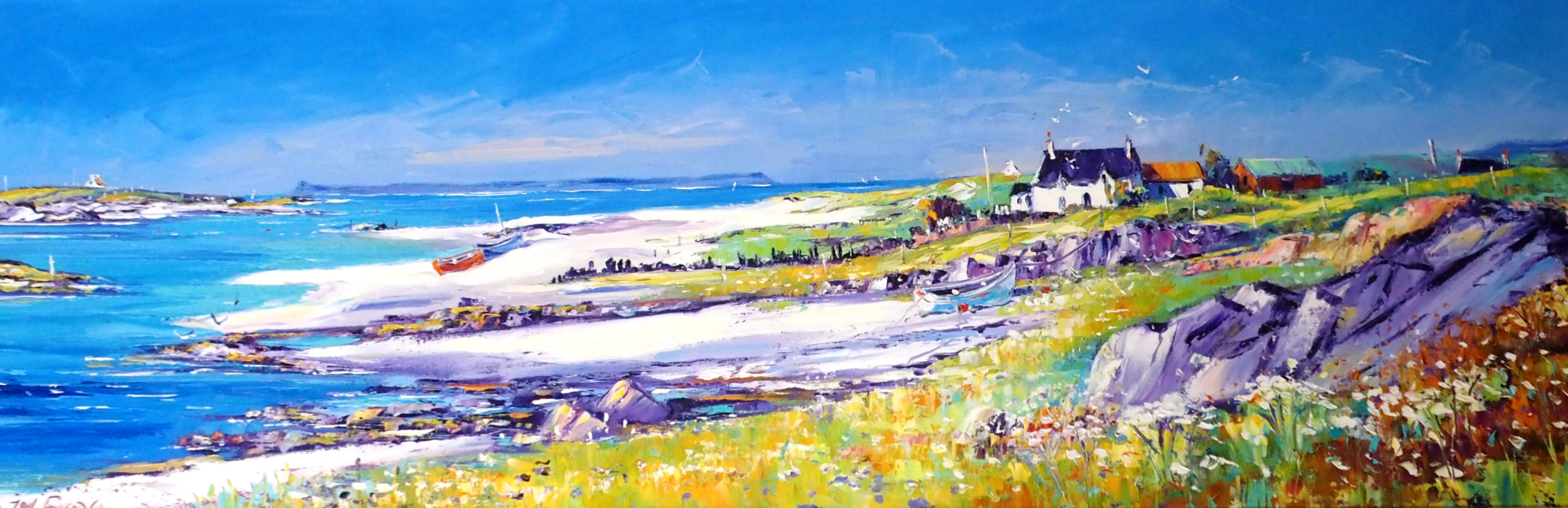 •JEAN FEENEY (BRITISH CONTEMPORARY) BRIGHT SUMMER DAY, ARISAIG Acrylic on canvas, signed, 40 x 120cm