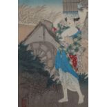 YOSHITOSHI THE STRONG WOMAN woodblock print, 33 x 22cm, geisha and attendant, 75 x 28cm, actors,