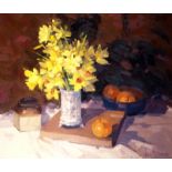 •HELEN M TURNER PPAI (SCOTTISH B. 1937) DAFFODILS AND TANGERINES Oil on canvas, signed, 56 x 66cm (