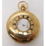 A 9CT J.W.BENSON HALF HUNTER POCKET WATCH with a enamelled chapter ring to the case, a white