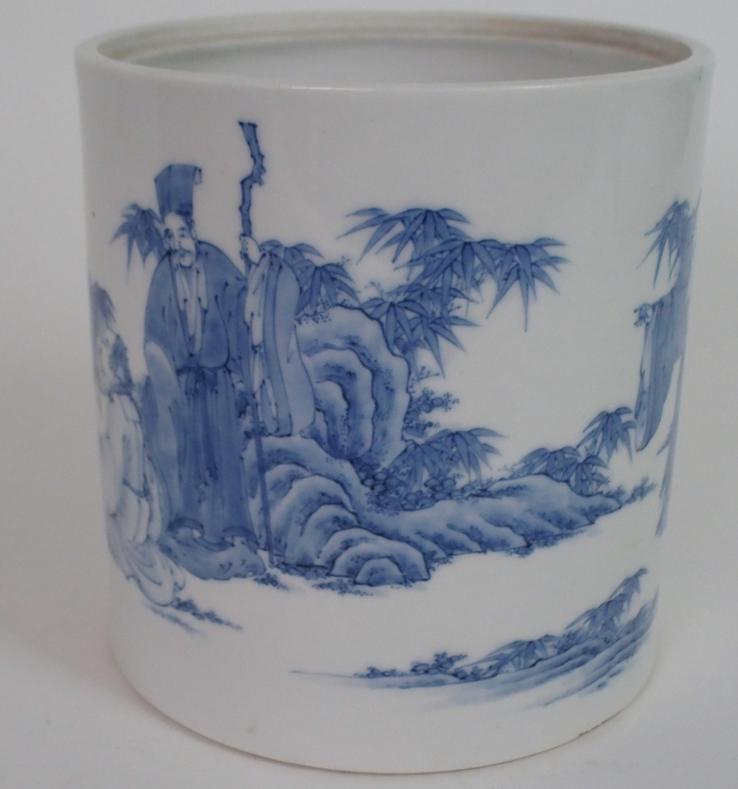 A CHINESE BLUE AND WHITE BROAD CYLINDRICAL JAR painted with scholars with scrolls in gardens, 16.5cm - Image 2 of 5