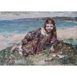 EDWARD ATKINSON HORNEL (SCOTTISH 1864-1933) ON THE SHORE Oil on panel, signed, 24.5 x 34.5cm (9 1/