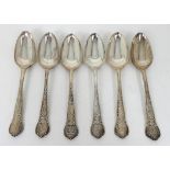A SET OF SIX SILVER TABLESPOONS by William Theobold, London 1834, with ornately decorated stems,