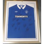 A BLUE RANGERS REPLICA SHORT-SLEEVED SHIRT the front bearing numerous player autographs, 2010-11,