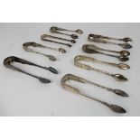 EIGHT ASSORTED PAIRS OF SILVER SUGAR TONGS various makers and hallmarks (8), 420gms Condition