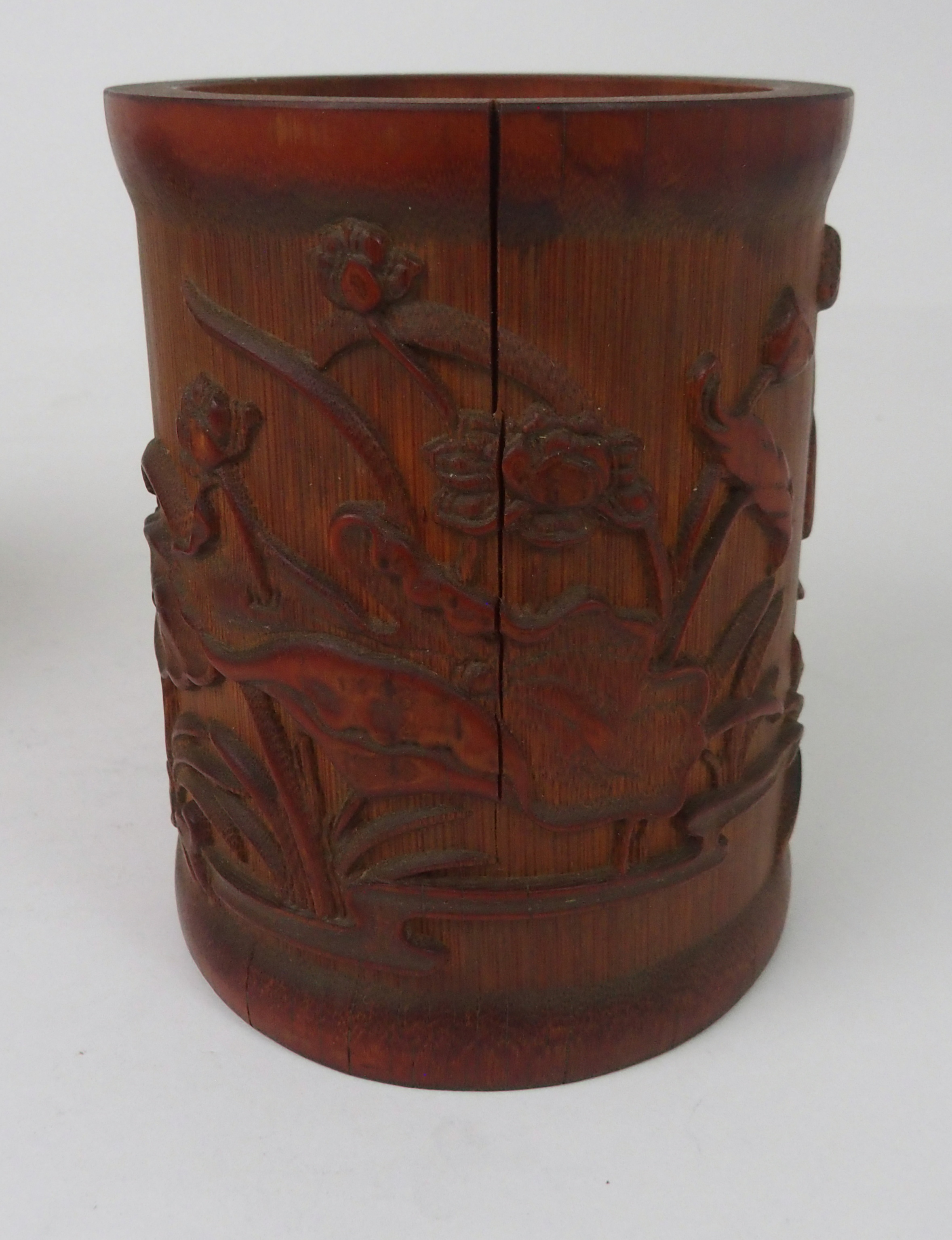 A CHINESE BAMBOO BRUSHPOT carved with lilies and foliage, 15.5cm high and a hardwood brushpot, - Image 2 of 8