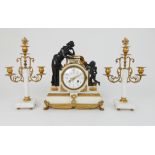 A FRENCH LATE 19TH CENTURY MANTLE CLOCK the alabaster body with ormolu mounts and bronze maiden