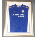 A BLUE CHELSEA REPLICA CENTENARY SHIRT the front bearing numerous player autographs from the 2005