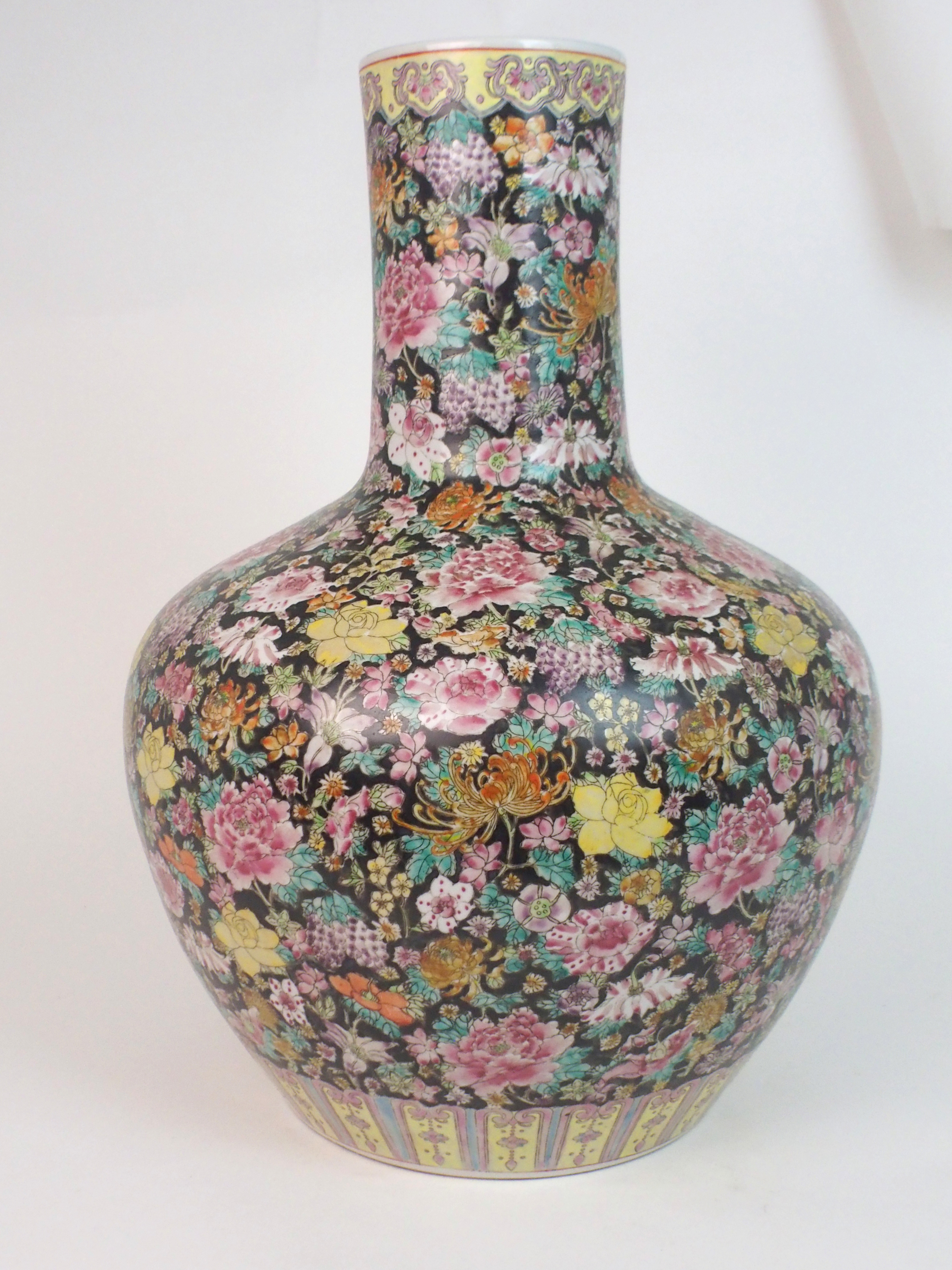 A LARGE CANTON MILLIEFIORI PATTERN BALUSTER VASE painted with allover floral design, within yellow - Image 3 of 10