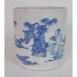 A CHINESE BLUE AND WHITE BROAD CYLINDRICAL JAR painted with scholars with scrolls in gardens, 16.5cm