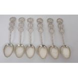 A SET OF SIX CHINESE SILVER TEA SPOONS each with three Shou roundels, stamped marks WH, 12cm long,