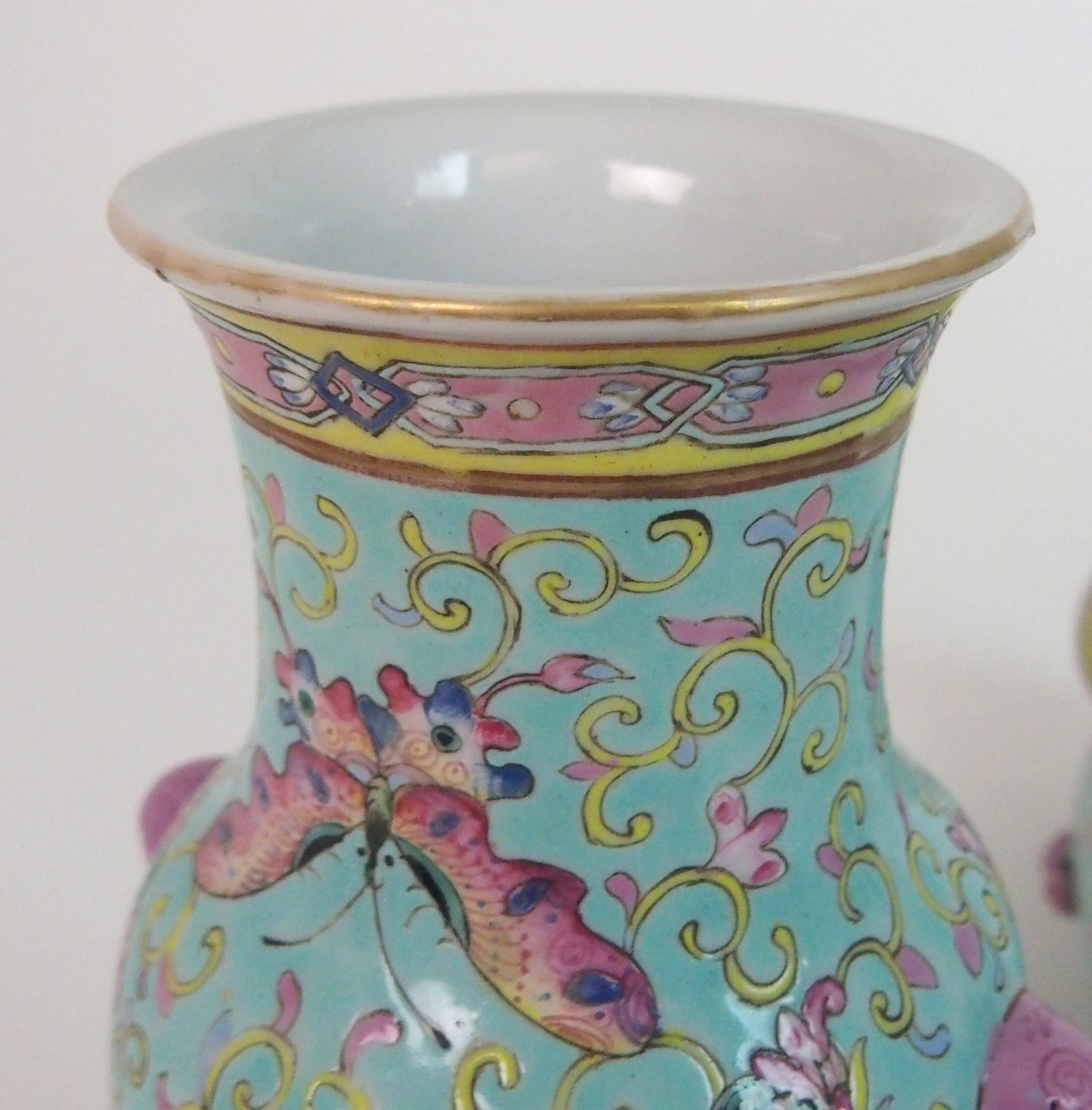 A PAIR OF CHINESE LILAC GROUND VASES paainted with butterflies, peonies and scrolling foliage, - Image 10 of 11