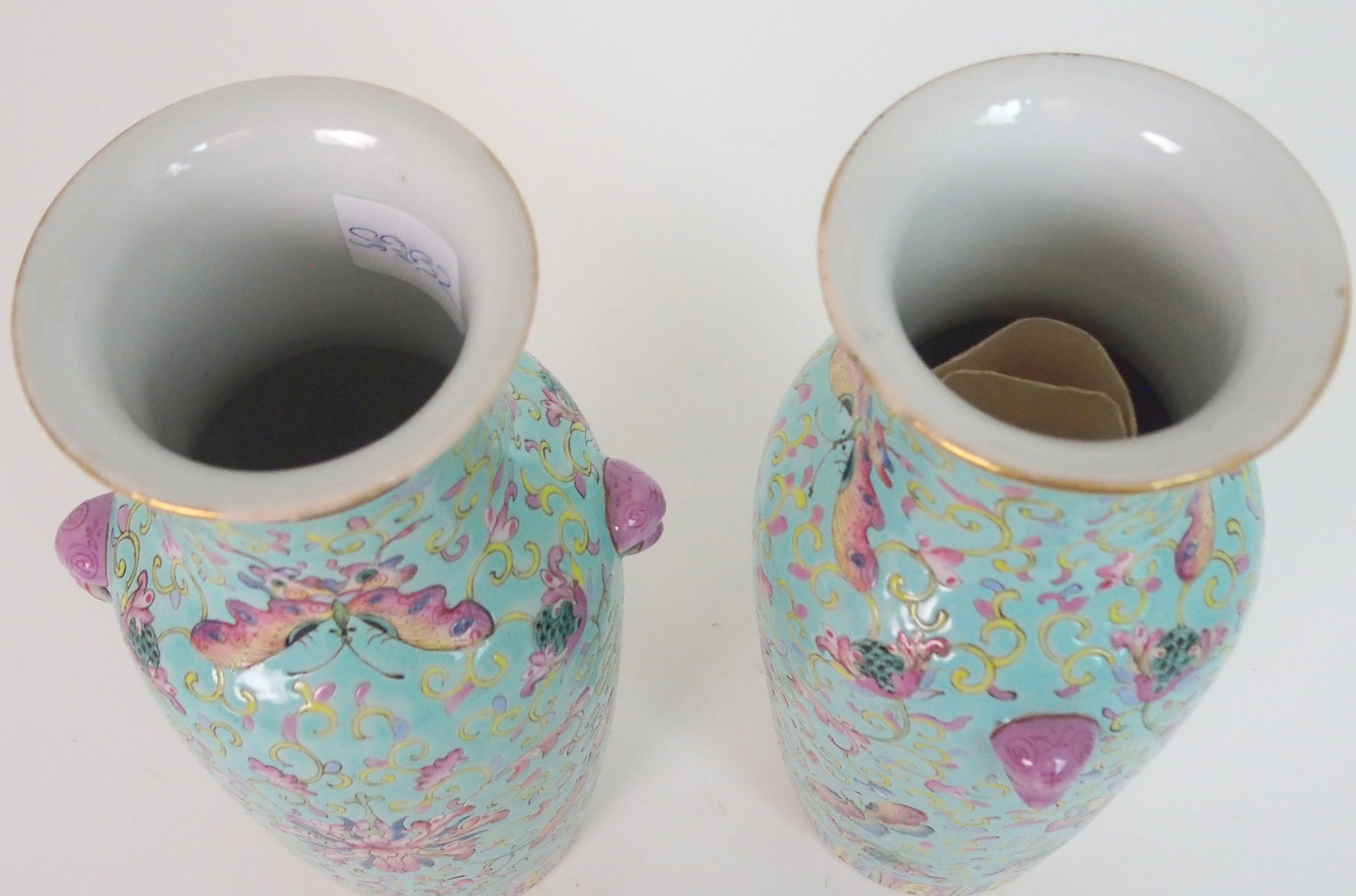 A PAIR OF CHINESE LILAC GROUND VASES paainted with butterflies, peonies and scrolling foliage, - Image 5 of 11