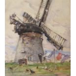•ROWLAND HENRY HILL (BRITISH 1873-1952) WASHING LINE AND CHICKENS BY A WINDMILL Gouache and