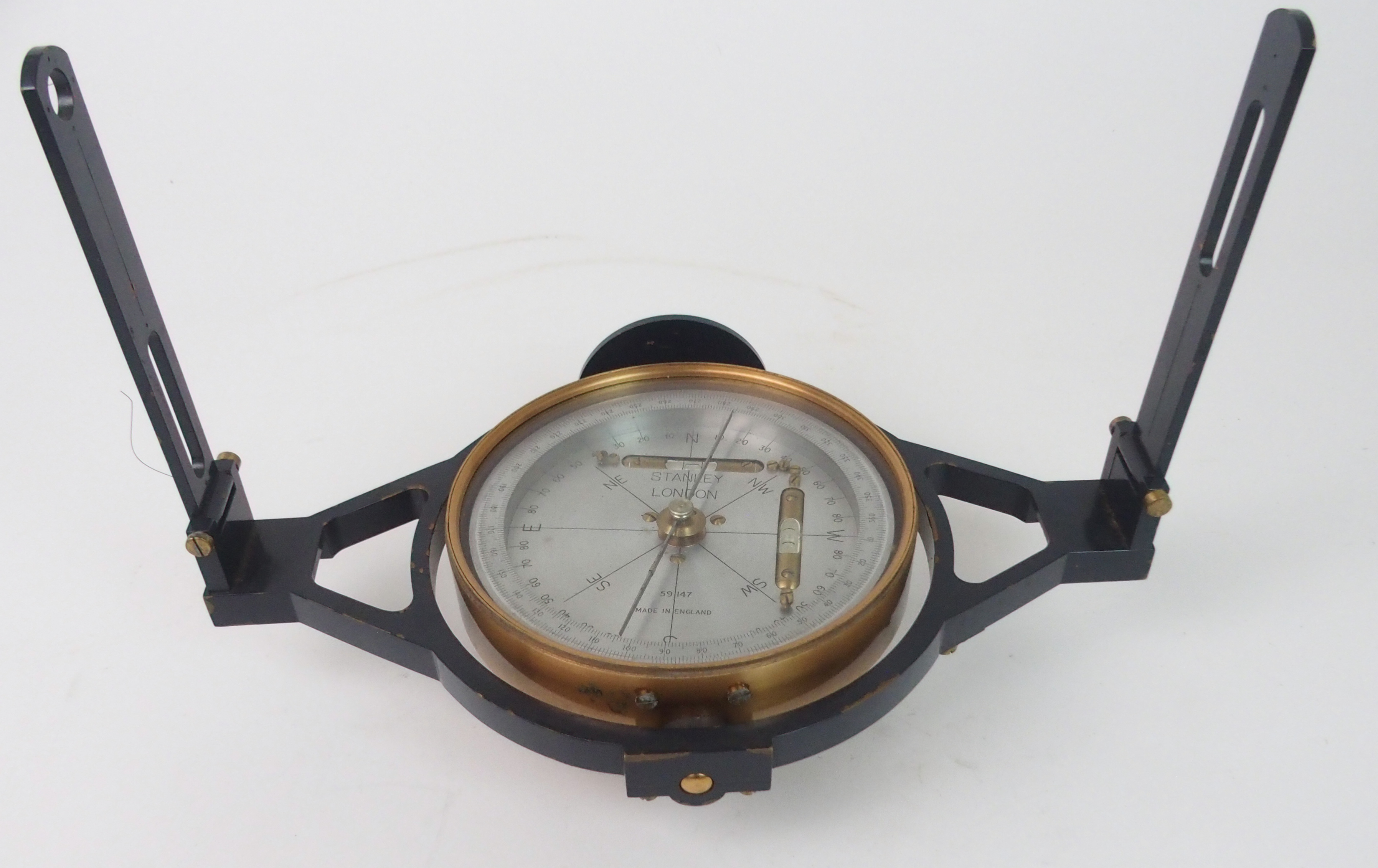 A STANLEY, LONDON SURVEYING COMPASS with silvered dial, stamped Stanley London, 59147 brass circular - Image 2 of 7