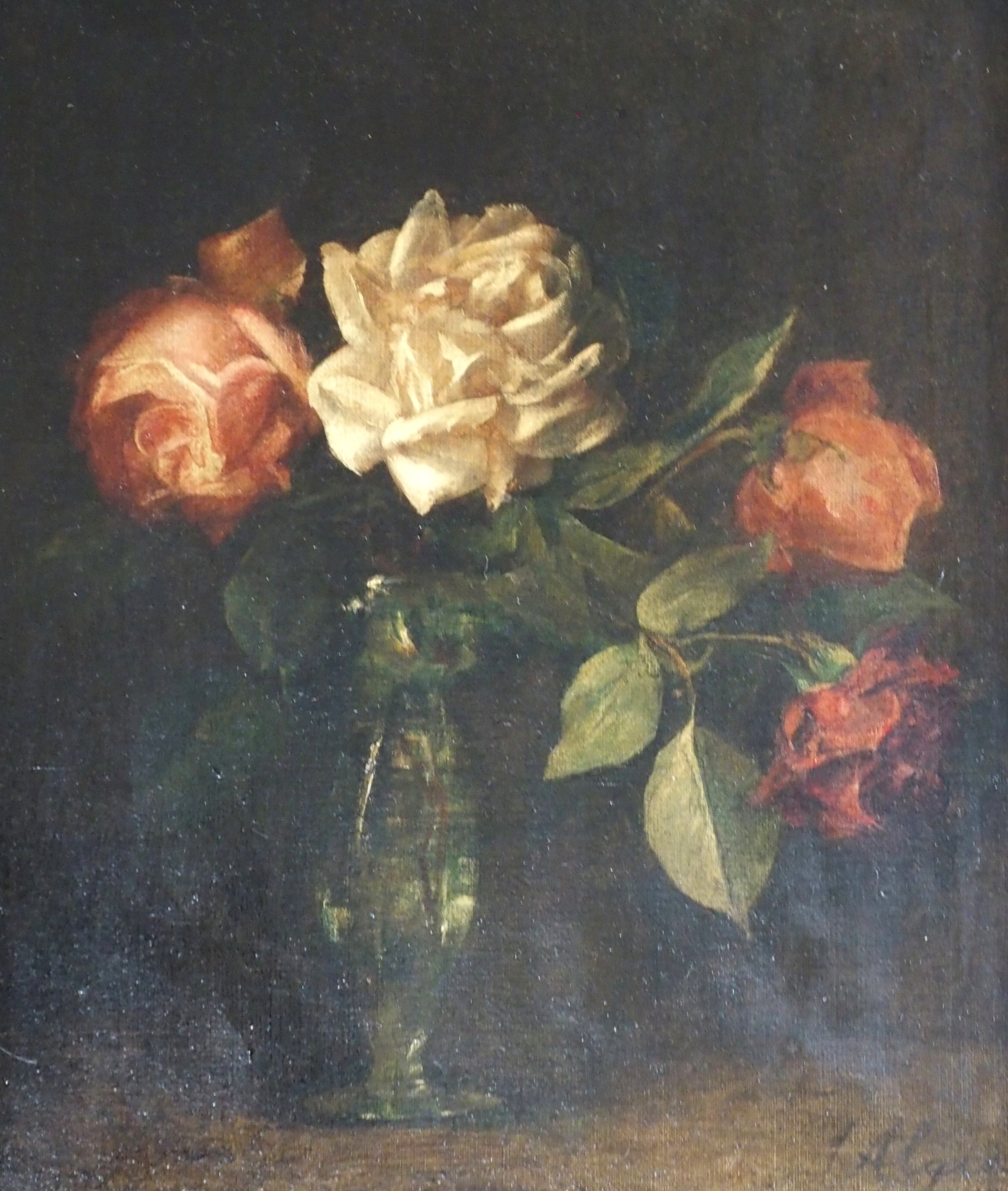 JESSIE ALGIE (SCOTTISH 1859-1927) ROSES IN A GLASS VASE Oil on canvas, signed, 35.5 x 30.5cm (14 x