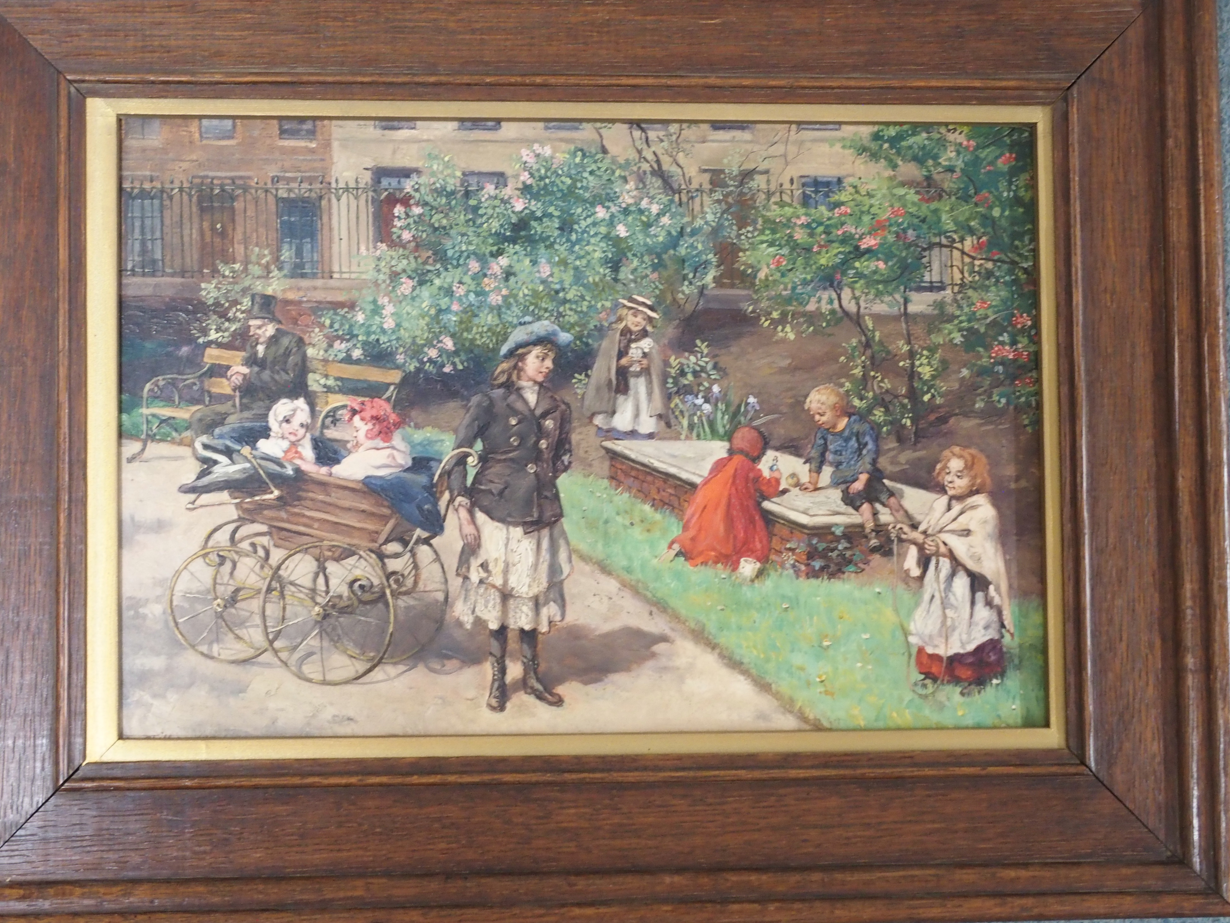 J WILLIAMSON (BRITISH 19TH/20TH CENTURY) IN THE PARK; A QUEUE AT THE BUTCHER'S SHOP Oil on board, - Image 4 of 9
