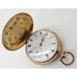 A 9CT GOLD JOHN FORREST FULL HUNTER POCKET WATCH with white enamelled dial, black Roman numerals,