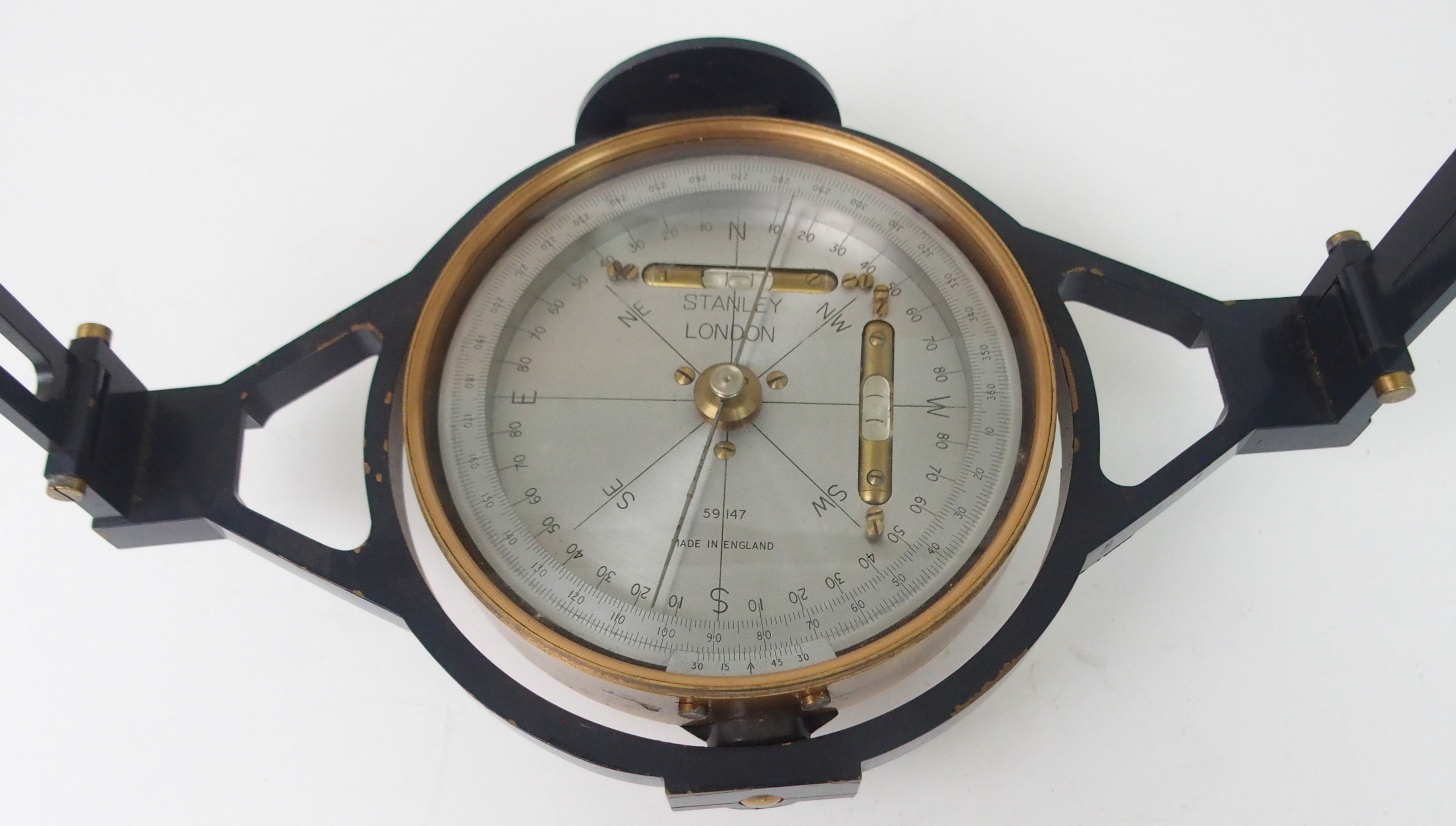 A STANLEY, LONDON SURVEYING COMPASS with silvered dial, stamped Stanley London, 59147 brass circular - Image 3 of 7