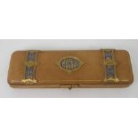 A LEATHER GILT-METAL AND ENAMEL GLOVE BOX inscribed Gants, with interior fitted glove stretchers,