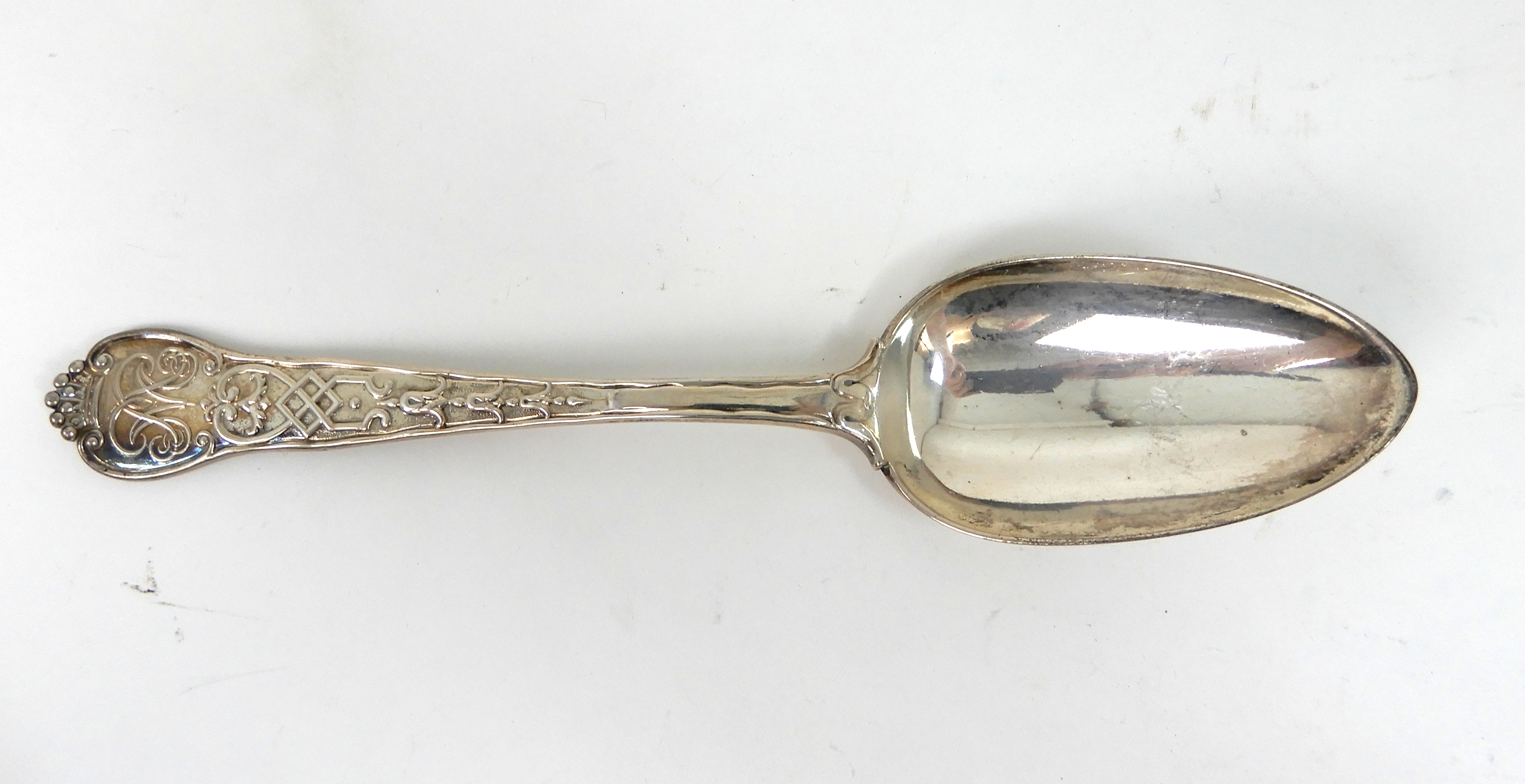 A SET OF SIX SILVER TABLESPOONS by William Theobold, London 1834, with ornately decorated stems, - Image 6 of 6