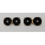 A PAIR OF 18K AND PLATINUM ONYX AND DIAMOND CUFFLINKS originally shirt studs, linked with 9ct button