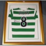 A GREEN AND WHITE SHORT-SLEEVED SHIRT No.8, the reverse lettered Brown, the shirt also autographed