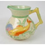 A CLARICE CLIFF OCEANIC JUG relief moulded and painted with fish, seashells and coral, printed marks