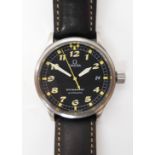 AN OMEGA DYNAMIC AUTOMATIC WRISTWATCH with yellow coloured Arabic and dot numerals to the black dial