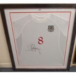 A WHITE REPLICA WALES SHIRT No.8, the front autographed, framed and glazed, 92 x 80cm overall All