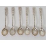 A SET OF SIX CHINESE SILVER TEA SPOONS each decorated with faux bamboo handles and scallop bowls,