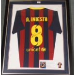 A MAROON AND BLUE BARCELONA REPLICA SHORT-SLEEVED SHIRT No.8, the reverse lettered A. Iniesta,