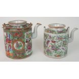 TWO CANTONESE FAMILLE ROSE TEA POTS one with figures in panels, divided by foliage and birds, wire