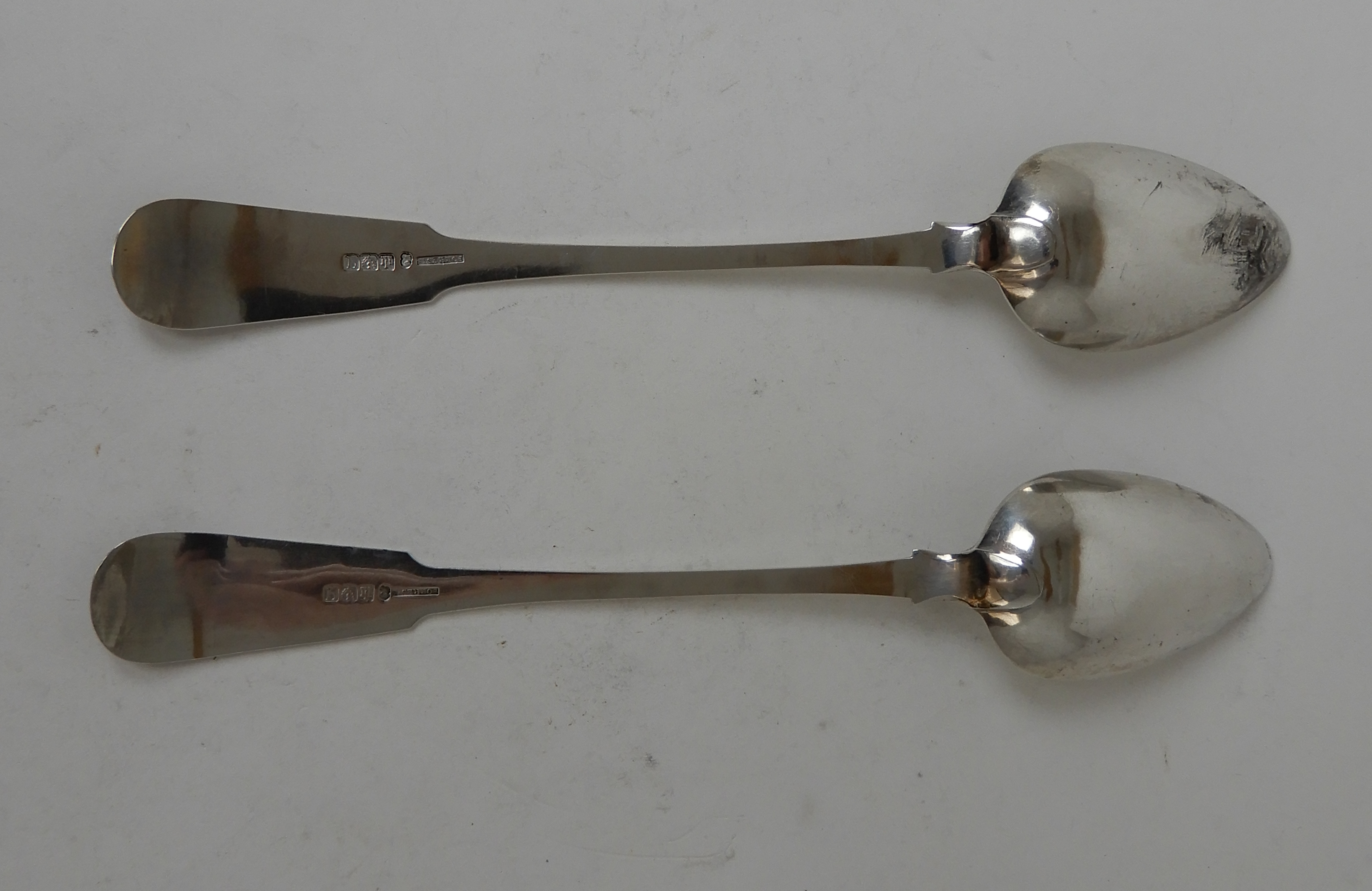 A PAIR OF SILVER BASTING SPOONS by Forrests, Edinburgh 1822, fiddle pattern, the terminals with - Image 2 of 3