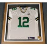 A WHITE SUPER BOWL XLV COMMEMORATIVE SHIRT No.12, the reverse lettered Rodgers, also autographed