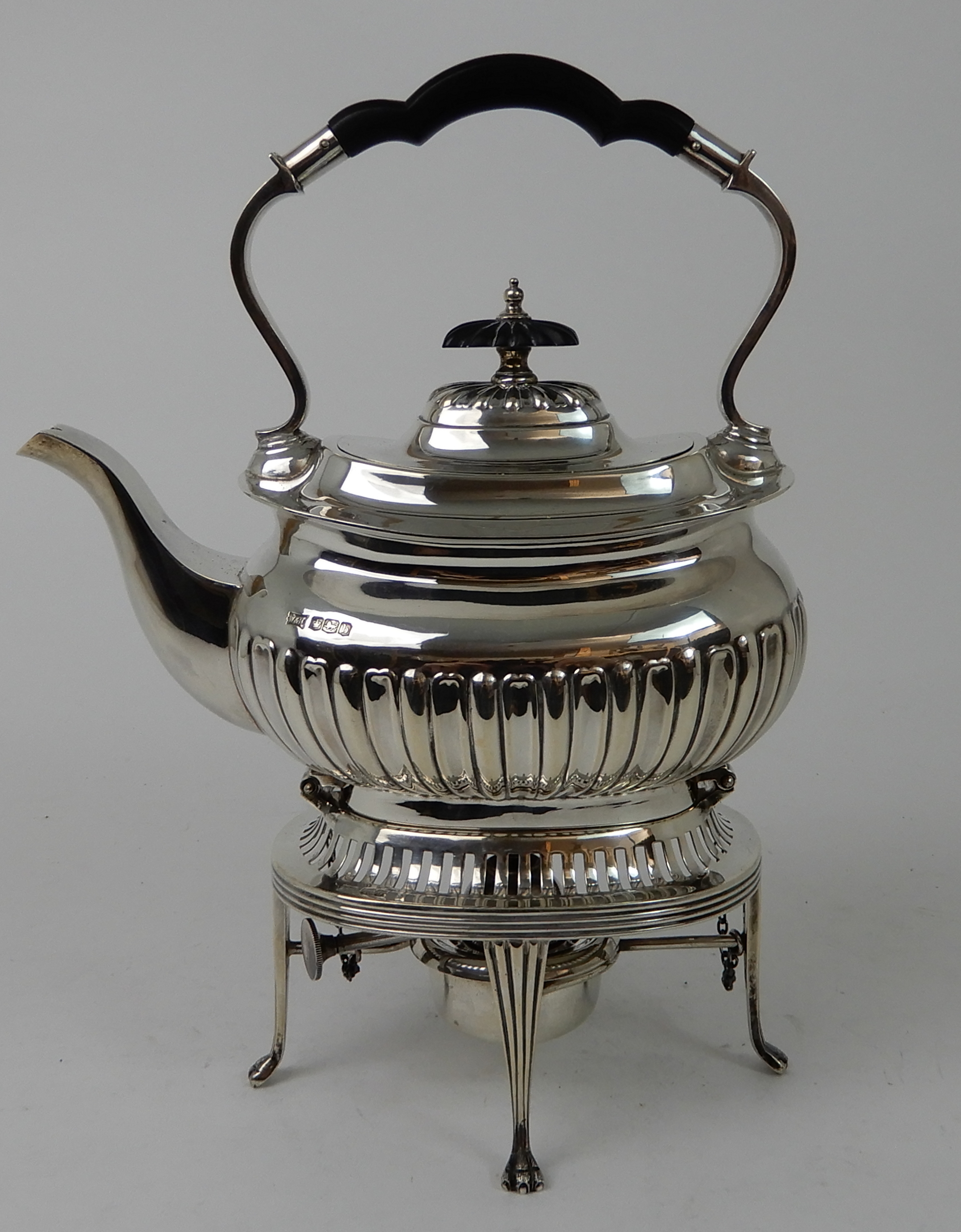 A SILVER SPIRIT KETTLE by Walker & Hall, Sheffield 1919, of curving rectangular form, with half - Image 10 of 10