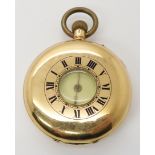 AN 18CT GOLD HALF HUNTER POCKET WATCH with enamelled chapter ring to case, cream dial with black