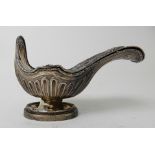 A CONTINENTAL SILVER SUGAR SCUTTLE of sauceboat shape, the hinged cover with fruit and vine embossed