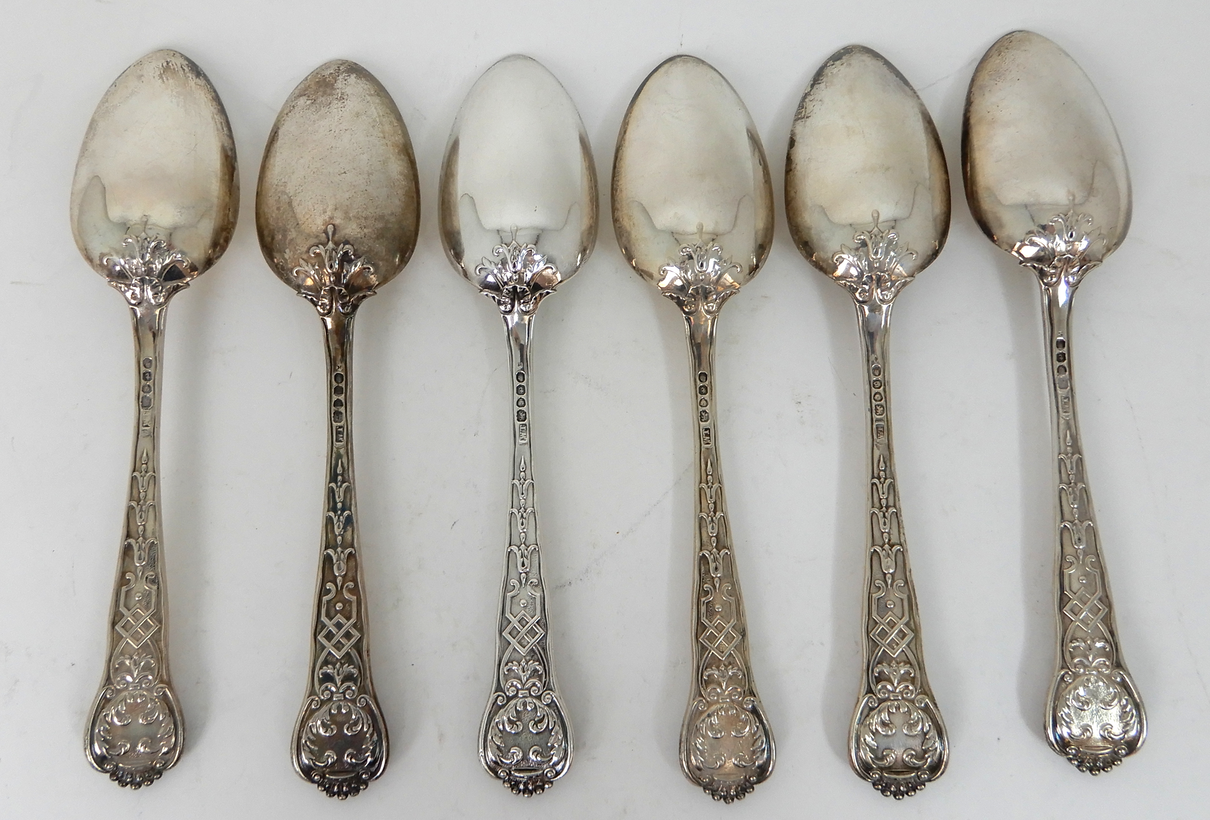 A SET OF SIX SILVER TABLESPOONS by William Theobold, London 1834, with ornately decorated stems, - Image 2 of 6