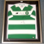 A GREEN AND WHITE REPLICA CELTIC SHORT-SLEEVED SHIRT the front of the shirt autographed by One