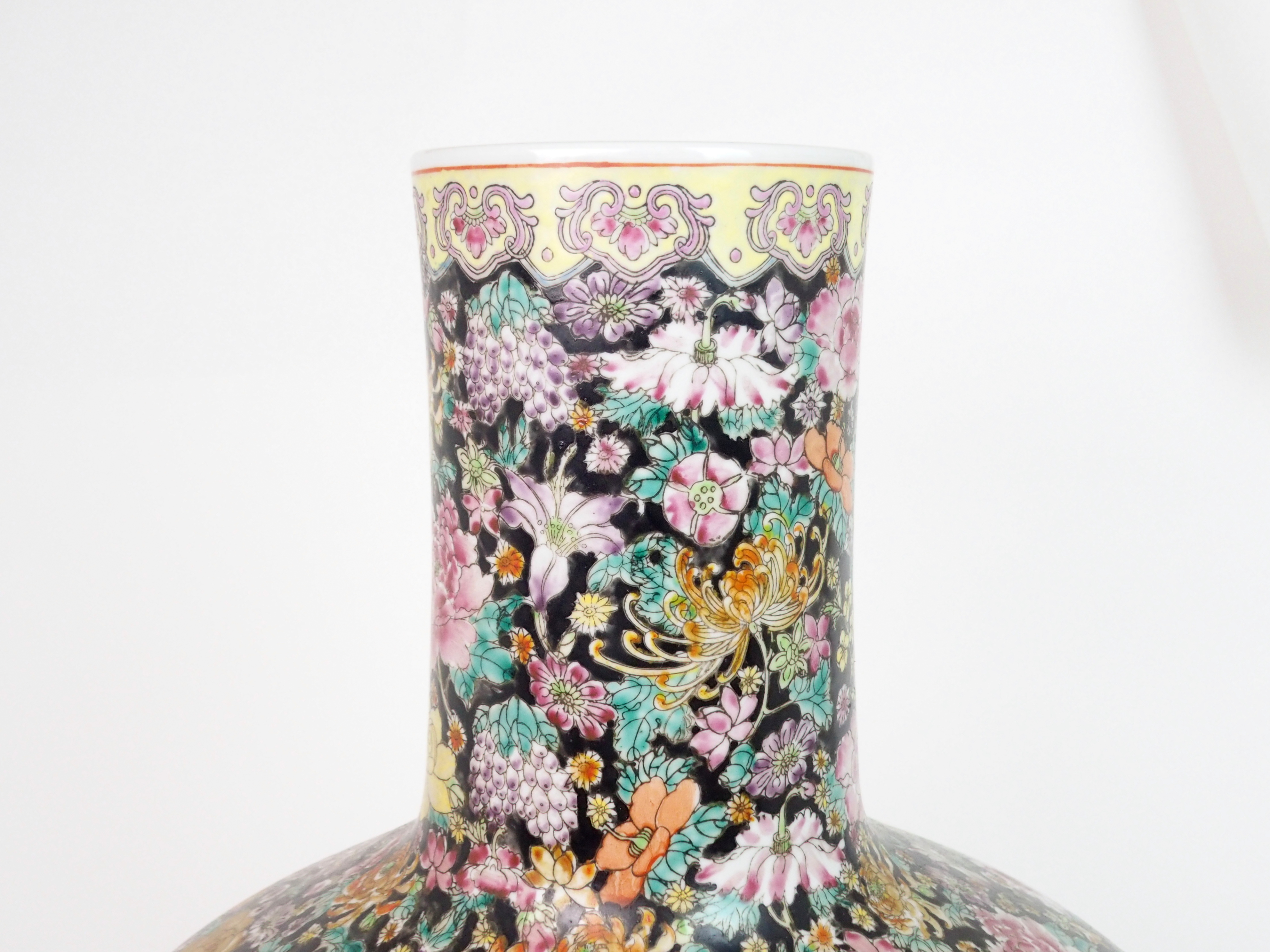 A LARGE CANTON MILLIEFIORI PATTERN BALUSTER VASE painted with allover floral design, within yellow - Image 4 of 10