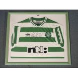 A GREEN AND WHITE CELTIC SHORT-SLEEVED SHIRT the front autographed by Mark Viduka, framed and