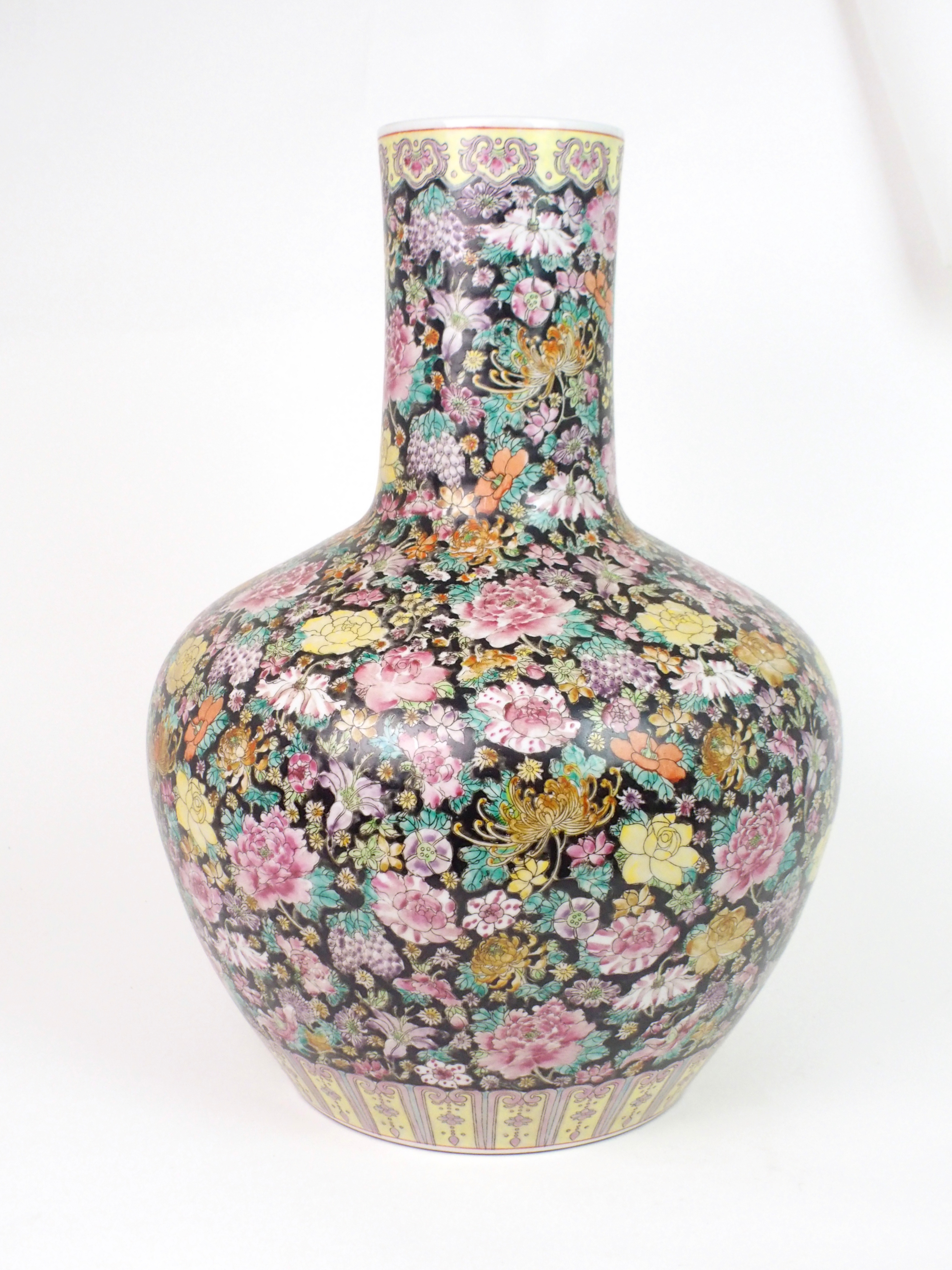 A LARGE CANTON MILLIEFIORI PATTERN BALUSTER VASE painted with allover floral design, within yellow - Image 2 of 10