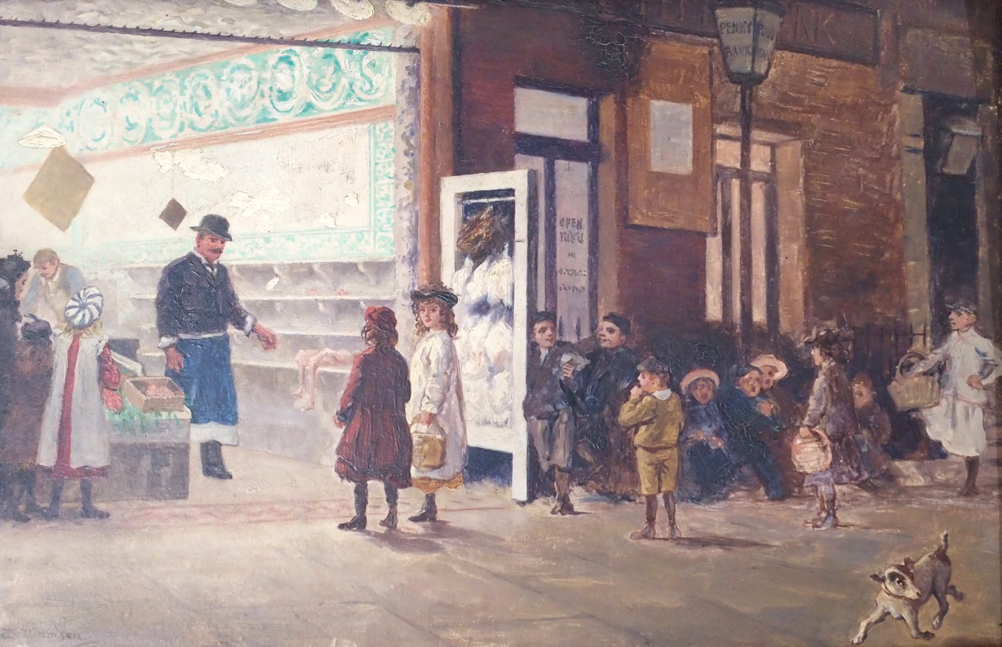 J WILLIAMSON (BRITISH 19TH/20TH CENTURY) IN THE PARK; A QUEUE AT THE BUTCHER'S SHOP Oil on board, - Image 2 of 9