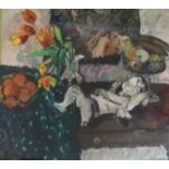 •DAVID DONALDSON RSA, RP, RGI, LLD (SCOTTISH 1916-1996) STILL LIFE WITH TULIPS Oil on canvas,