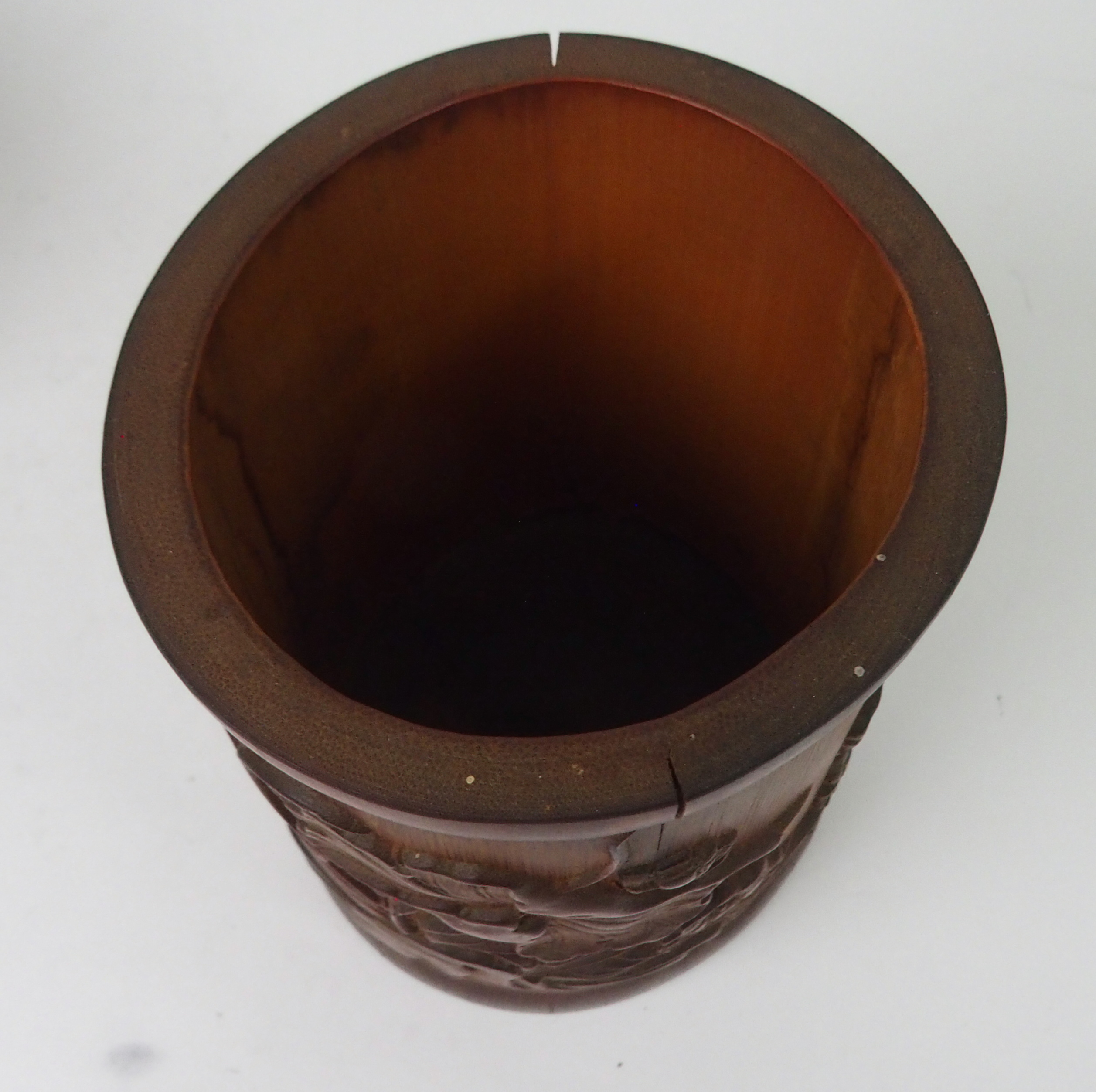 A CHINESE BAMBOO BRUSHPOT carved with lilies and foliage, 15.5cm high and a hardwood brushpot, - Image 5 of 8