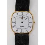 AN 18CT GOLD SLIMLINE LONGINES QUARTZ WRISTWATCH with white rounded square dial, black Roman