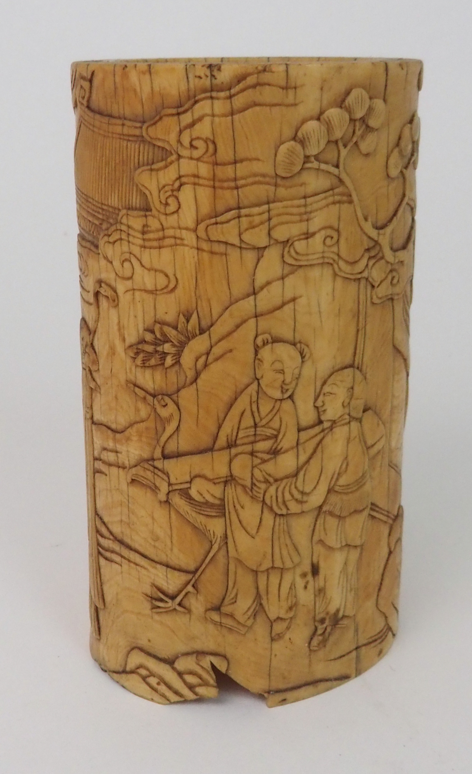 A CHINESE CARVED IVORY TUSK decorated with Shou Lao and other figures in a pavilion garden, 14cm - Image 2 of 9