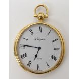 A YELLOW METAL LONGINES QUARTZ POCKET WATCH with white oval dial in the round case, black Roman